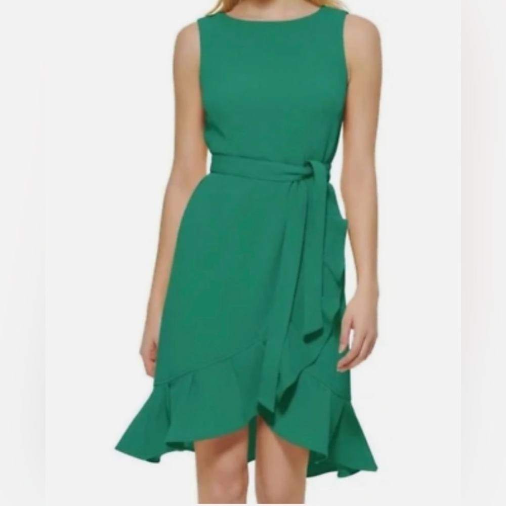 Calvin Klein Green faux Wrap Ruffle Dress (NWT)